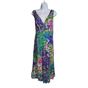 Vintage 90’s Paradise NY Women's Floral V Neck Midi Dress Size 14 Tropical Print